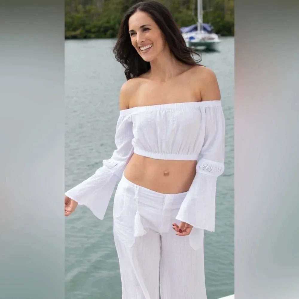 🤍 Cotton Natural women's off the shoulder‎ long sleeve top Medium